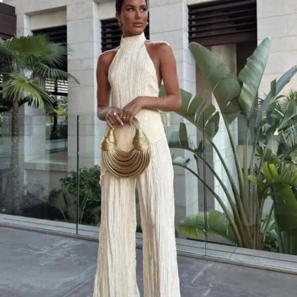 Zara Pants - Zara Asymmetric Halter Crop Top With Wide Leg Pants Set